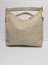 Coach Signature Logo Canvas Beige Shoulder Bag With White Leather Strap