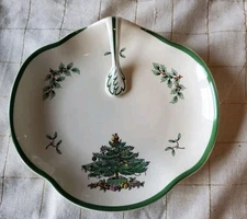 Vintage SPODE England Christmas Tree Snack Tray Nut Candy Nappy Dish w/ Handle