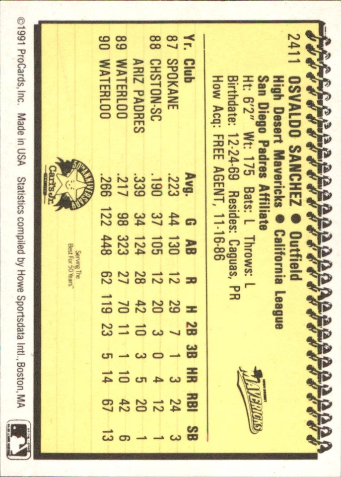 Osvaldo Sanchez 1991 ProCards #2411 RC High Desert Mavericks *AutographDen* - Image 2 of 2