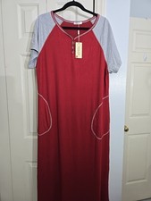 EKOUAER 54" Long Nightgown 2 Tone Red Gray NWT Buttery Soft, Silky Feeling