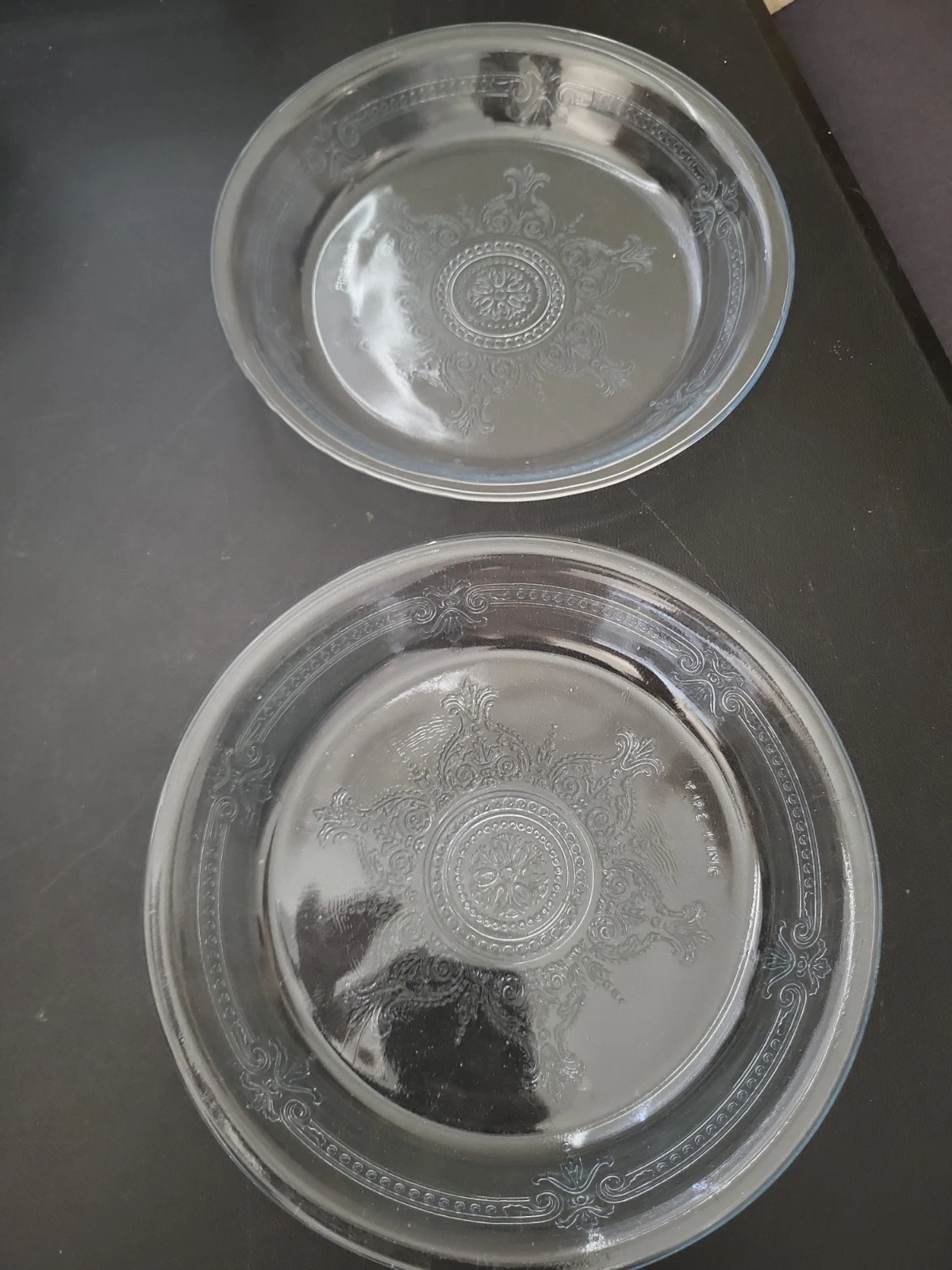 2 Vintage Fire King Ornate Philbe Clear Glass Pie Plate Baking Dish 8.5” Round