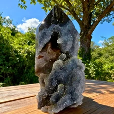 Natural Black Sphalerite Druzy Geode Crystal Tower Obelisk Reiki Healing Decor