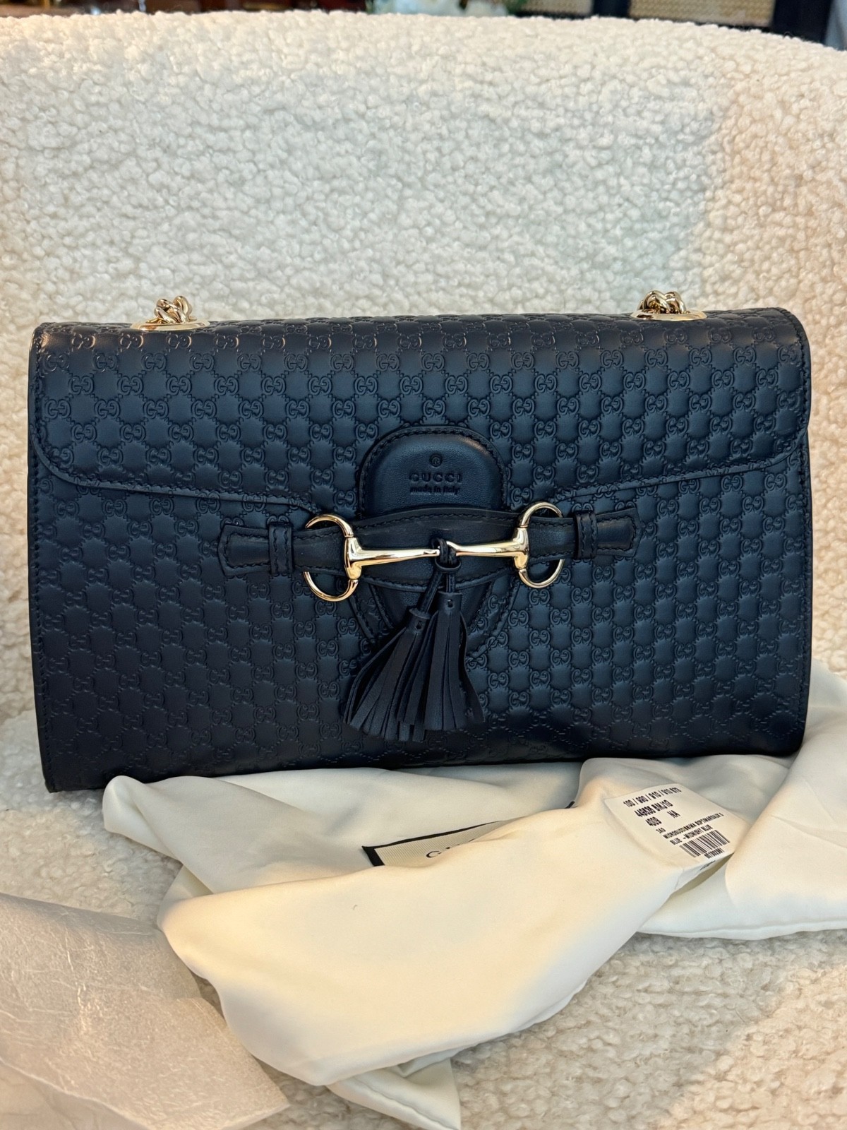 New Gucci Emily Guccissima GG Logo Black Leather Shoulder Bag Midnight Blue image 3