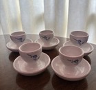 Vintage Set 5 Egg Cups w Attached Underplate Glazed Terracotta White Blue Floral — photo 1