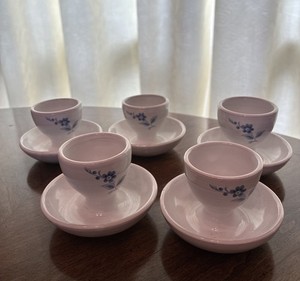 Vintage Set 5 Egg Cups w Attached Underplate Glazed Terracotta White Blue Floral
