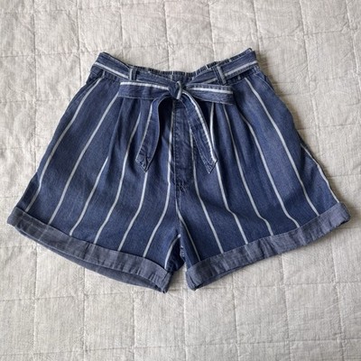 Universal Thread Cuffed Tie Waist Pleated Striped Blue Denim Mom Shorts Small