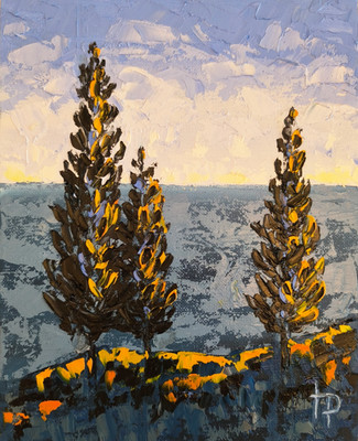 Cypresses at Sunset Original Oil Painting Modern Landscape Art 8x10  Impasto Pal