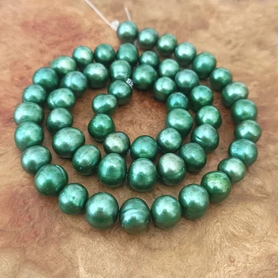 54 Dyed Green Freshwater Pearl Gemstone Bead 8mm Round Potato, Hole 0.6mm, 16" - Image 1 of 4