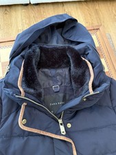 Zara Basic Navy Hooded Puffer Jacket Faux Fur...