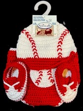 So Adorable Hand Crocheted Set New Diaper Cover Booties Hat 0-6 Months Baseball