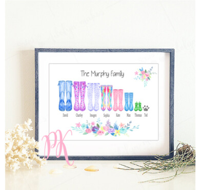 PERSONALISED A4 Wellies print Art Family New Home Glossy Print