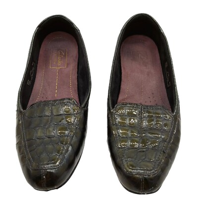 Clark's Everyday Green Croc Print Leather Upper Loafers Shoes Size 6.5 READ