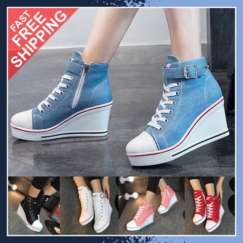 Hot Ladys High Top Wedge Heel Sneakers Women Lace Up Pumps Canvas Sport Shoe - Picture 3 of 17