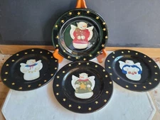 Set/4 Sonoma Handpainted Snowman Angel Salad Dessert Snack Plates Stars Black 8"