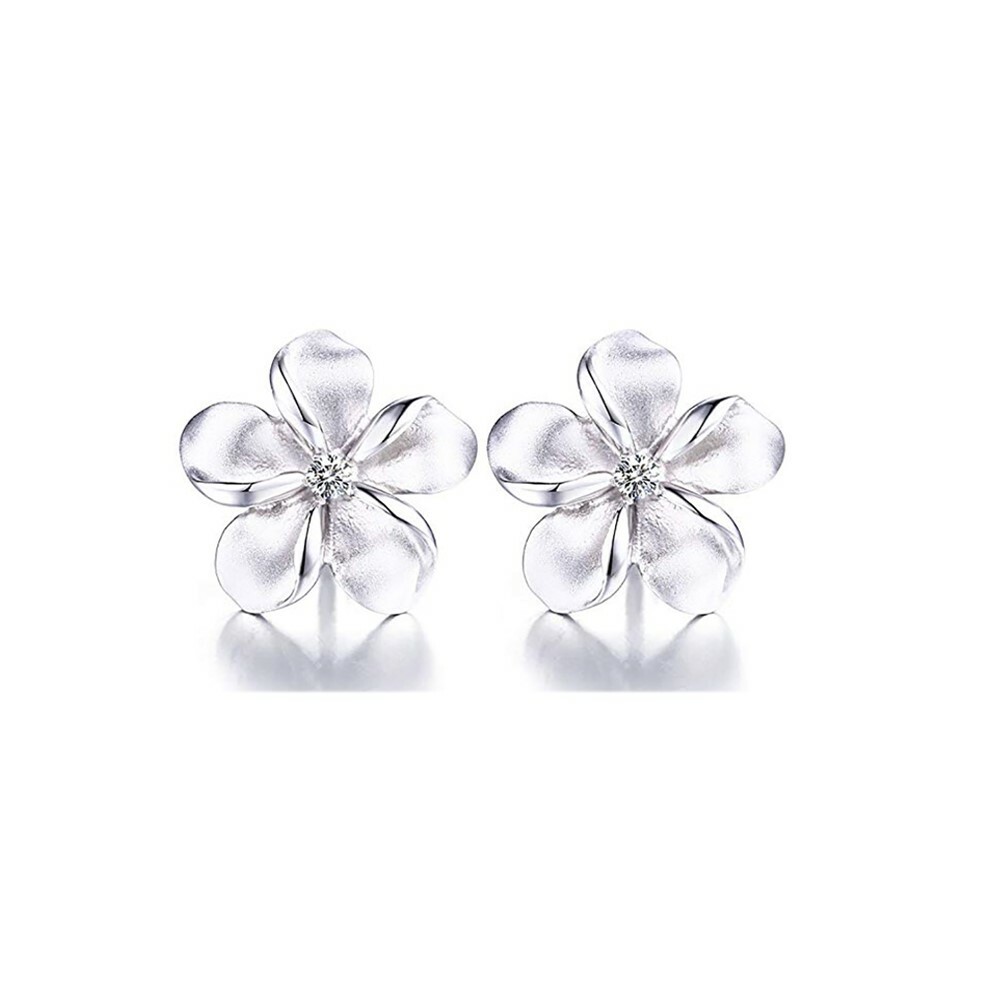 18k White Gold Plumeria Flower Stud Earrings Made With Swarovski