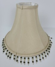 Bell Shaped Beige Fabric Table Lamp Shade w/ Hanging Beads Edge Trim Replacement