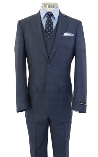 Men's Cool Blue Glen Plaid 3pc 2 Button Slim-Fit Suit w/ Matching Vest NEW - Picture 3 of 6