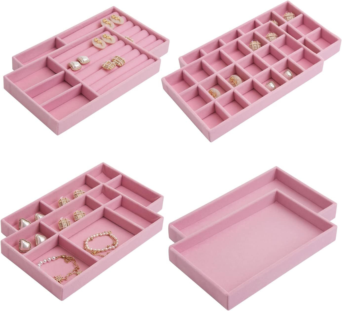 8Pcs Velvet Jewelry Organizer Tray, Stackable Trays Storage Pink