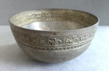 Antique Silver Repousse FLOWER Small BOWL 4" x 2" Hammer Marks + Incised Designs