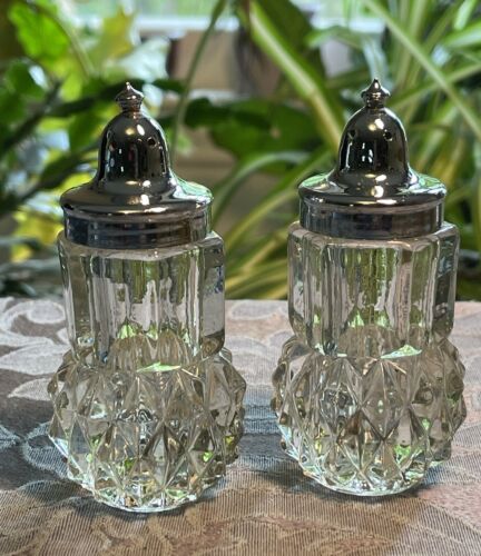 Vintage Indiana Glass Heavy Pressed Diamond Point Crystal Salt & Pepper Shaker - Afbeelding 1 van 5