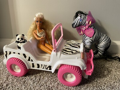 Vintage BARBIE Animal Lovin' Safari Scout JEEP Doll Zebra Panda