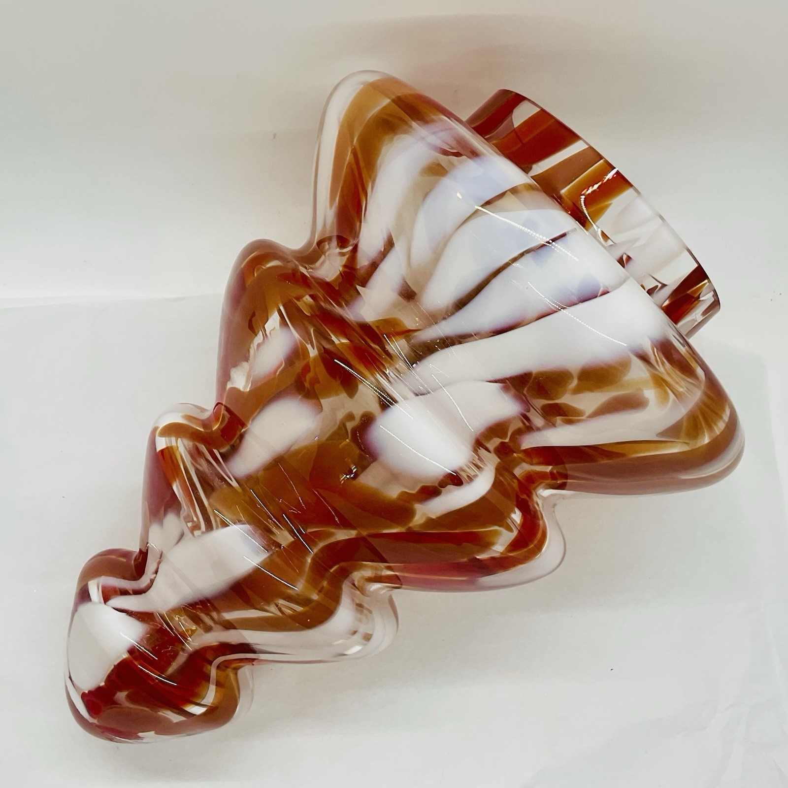 Hand Blown Orange Brown White Swirl Art Glass Christmas Tree Polish Zorza  9.5”