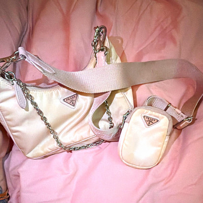 PRADA Re-Edition 2005 Ivory Mini Crescent Shoulder Bag w/ Pouch, Silver HW