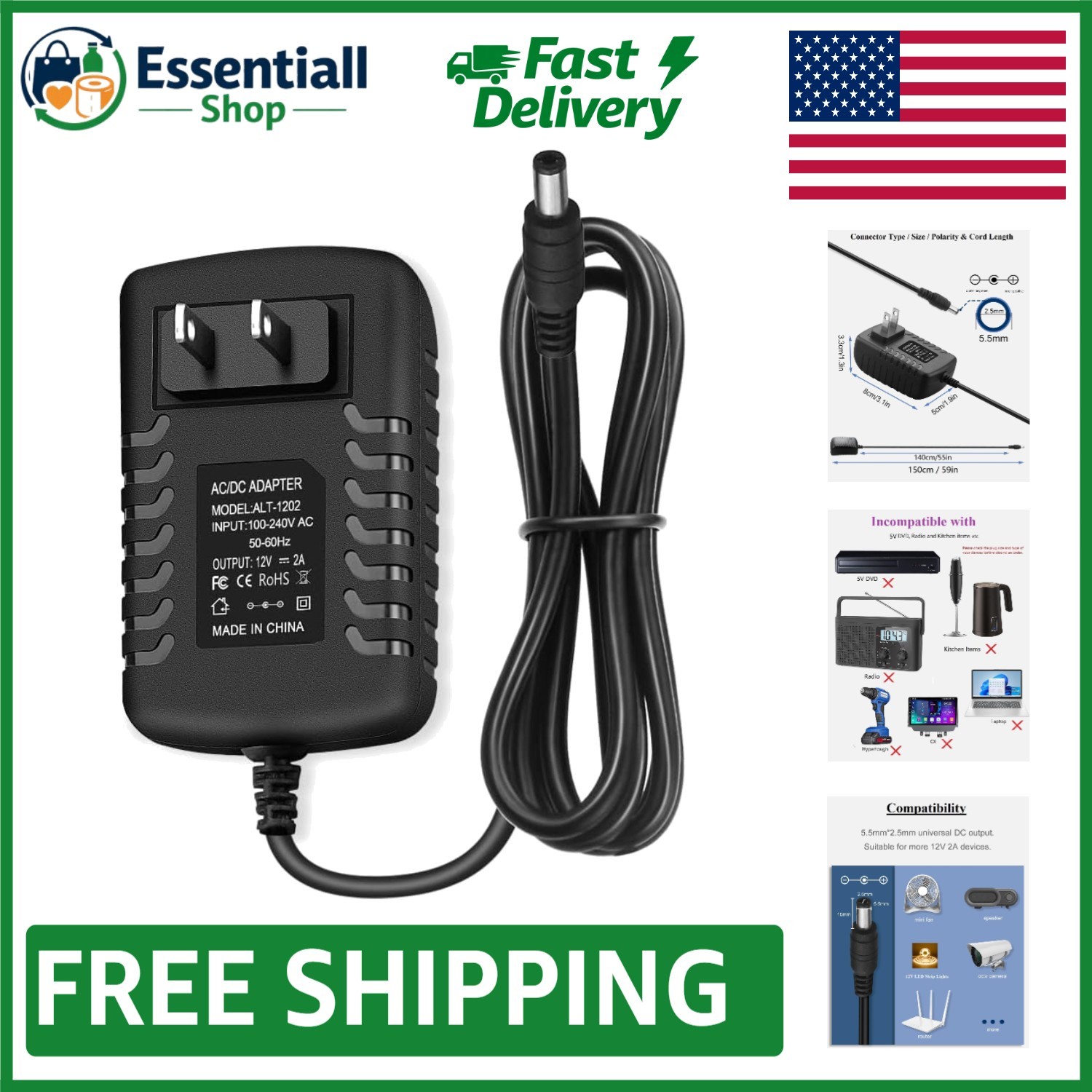 12V DC Power Supply 2A Adapter - Versatile AC/DC Power for CCTV, LED Lights