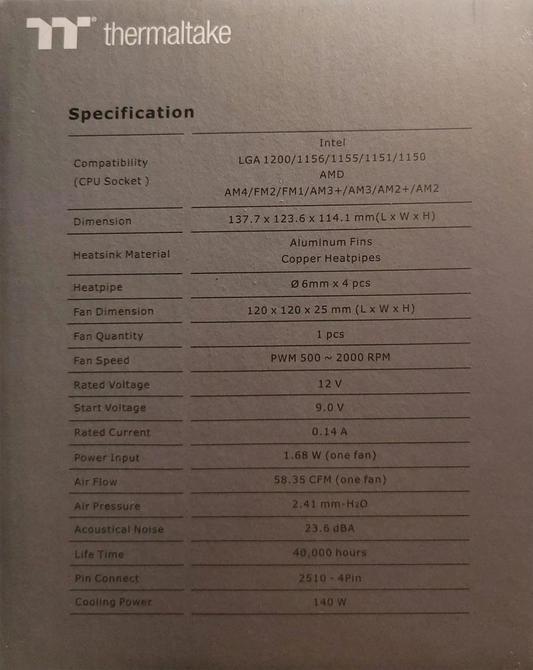 Thermaltake TOUGHAIR 110 140w TDP Top Flow CPU Cooler, Intel/AMD - Image 3 of 4