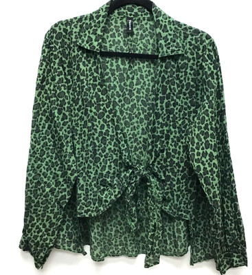 Venti6 Tie Front Blouse Womens Green Leopard Print Long Sleeve Top Large NWOT