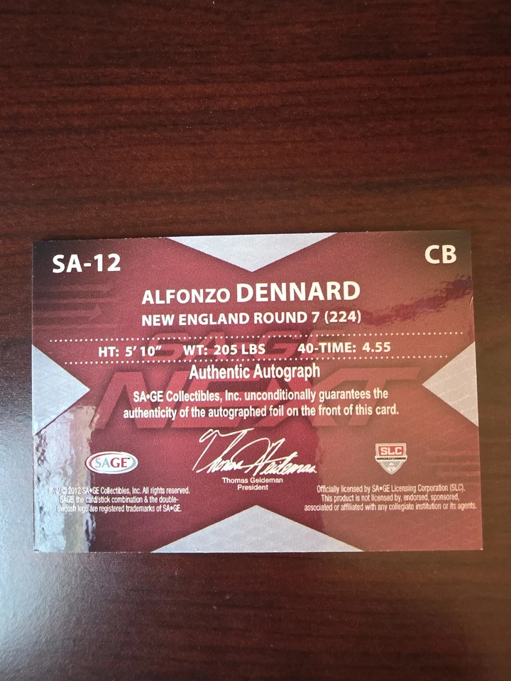 Sage Next #SA-12 2012 Alfonzo Dennard placa de aluminio plateada #/30 Foto 2 de 2