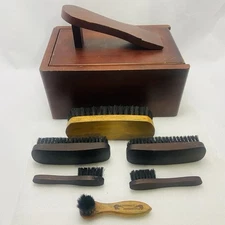 Vintage Wooden Shoeshine Valet Box and 6 Vintage Brushes