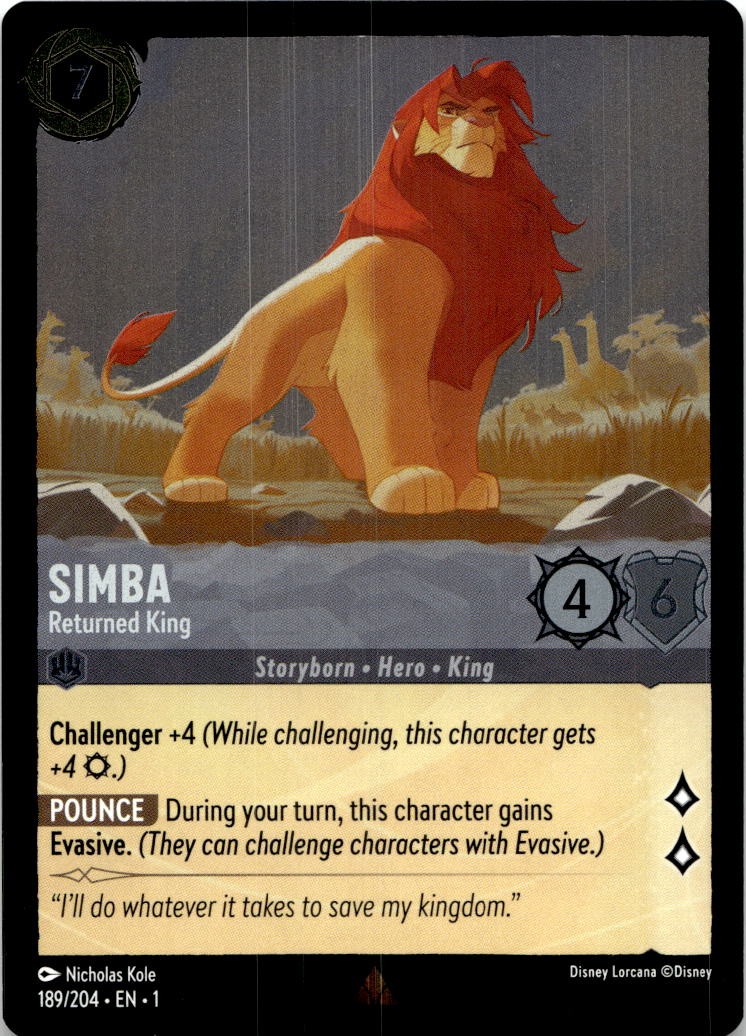 Simba - Returned King 189/204 Rare The First Chapter Lorcana Cold Foil Near Mint