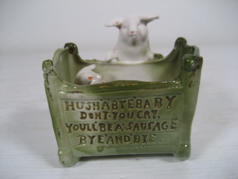 ANTIQUE GERMAN PORCELAIN FARING PIG HUSH A BYE BABY PIG "LOOK"
