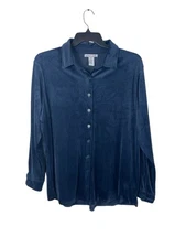 Hasting & Smith Women’s 1X Blue Velour Soft Plush Button Up Long Sleeve Top