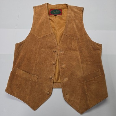 Roundup Mens Brown Suede Leather Western Vest Size 40 Button Front Tan Cowboy