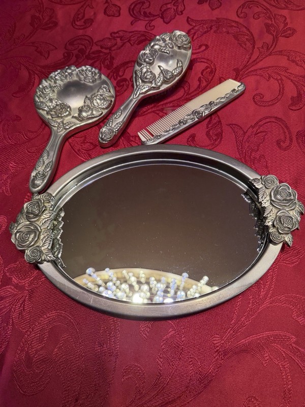 4 Piece Silver Plated Godinger Vanity Set: Mirror Tray, Hand Mirror, Brush, Comb