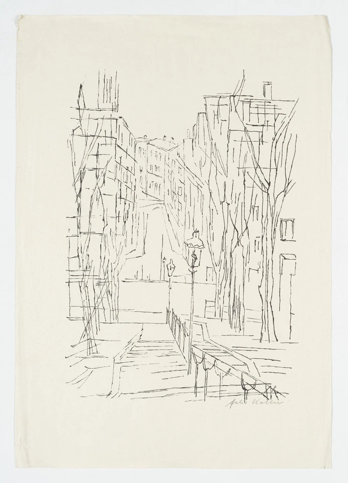 Großstadtszene mit Treppenaufgang, Lith. Moderne Stadtbilder Unbekannt (20.Jhd) - Bild 2 von 4