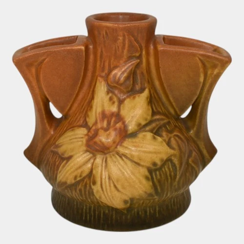 Roseville Clematis Brown 1944 Vintage Art Pottery Ceramic Flower Frog 50