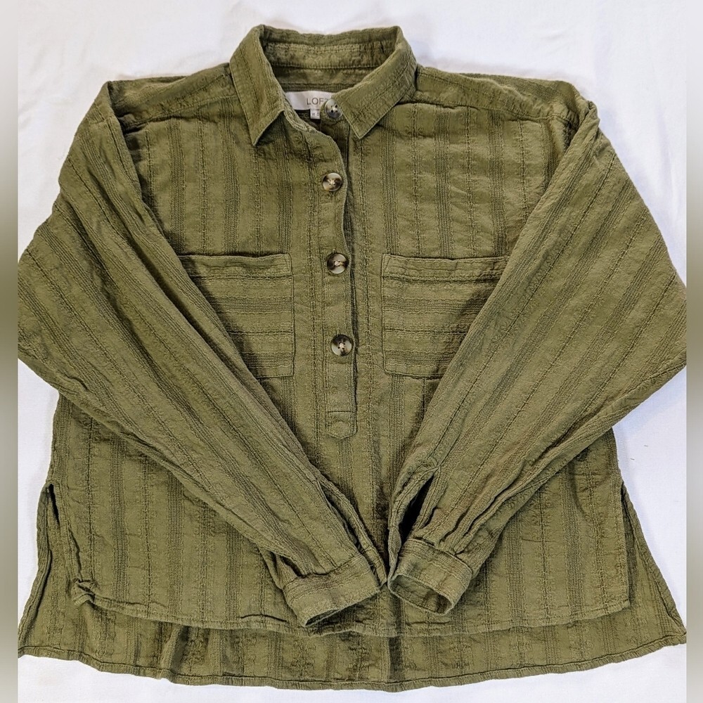 Loft Green Long Sleeve, Button Down Pullover, Emb… - image 1