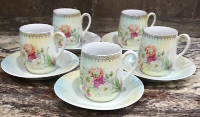 5 SETS ZEH SCHERZER BAVARIA GERMANY FLORAL DEMITASSE 5 CUPS N 5 SAUCERS EX COND