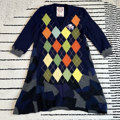 A Love Movement Blue Argyle 100% Cashmere V-Neck Sweater Dress Size XS/Small??