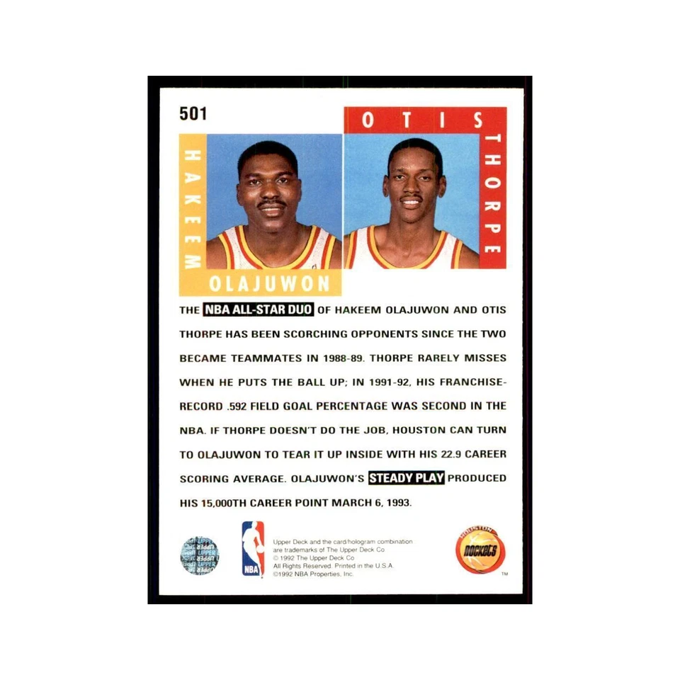 1992 Upper Deck Hakeem Olajuwon/Otis Thorpe Basketball Cards #501 - Image 2 of 3