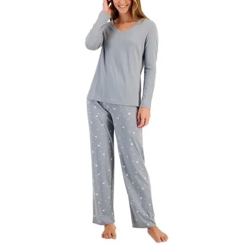 Charter Club Womens Cotton Pajama Set Grey Holiday Reindeer Stars , S