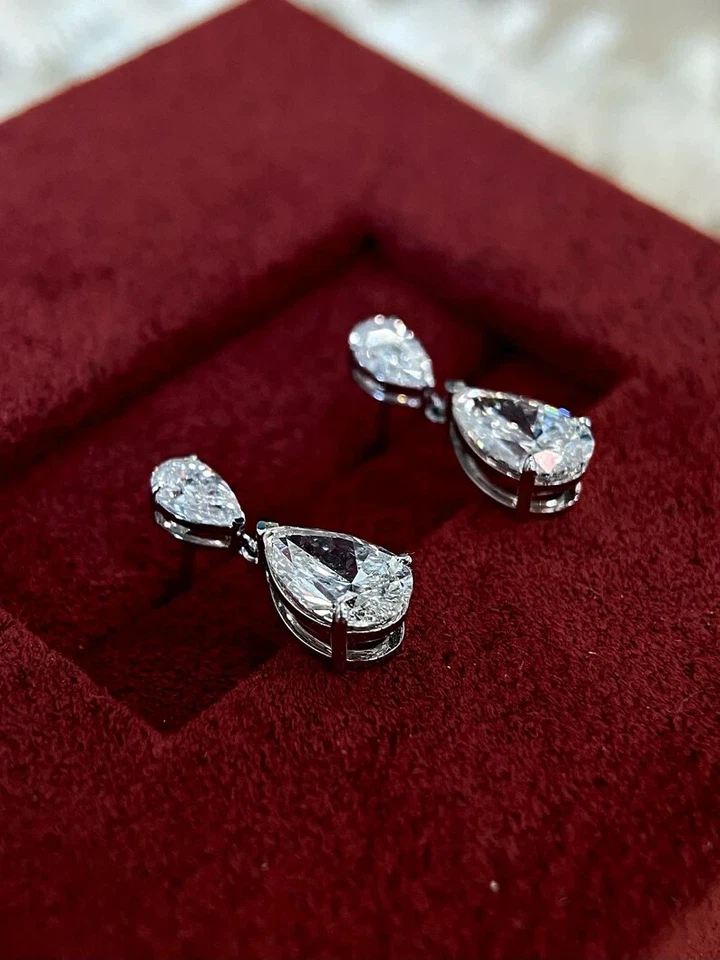 Pendientes colgantes de diamantes cultivados en laboratorio de peras 4TCW para regalo de Año Nuevo oro blanco de 14 k Foto 4 de 4