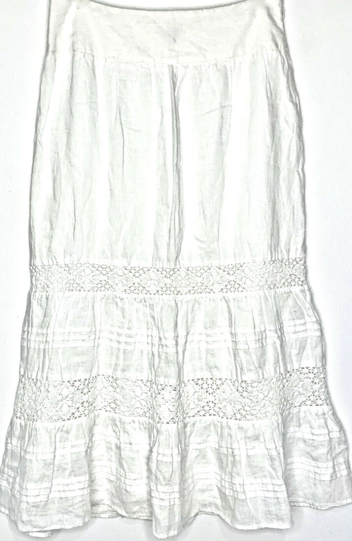 J Jill Maxi Skirt White Linen Tucks Tiers Crochet Inset Sz14