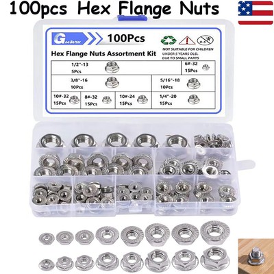 100pcs Serrated Hex Flange Lock Nuts Kit DIN 6923 A2 Stainless Steel Flange Nuts