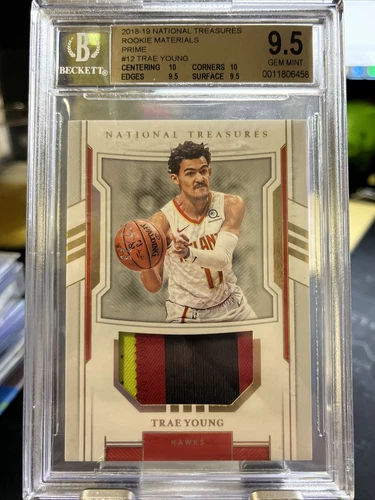 2018-19 NATIONAL TREASURES TRAE YOUNG RC ROOKIE MATERIALS JERSEY 22/25 BGS 9.5