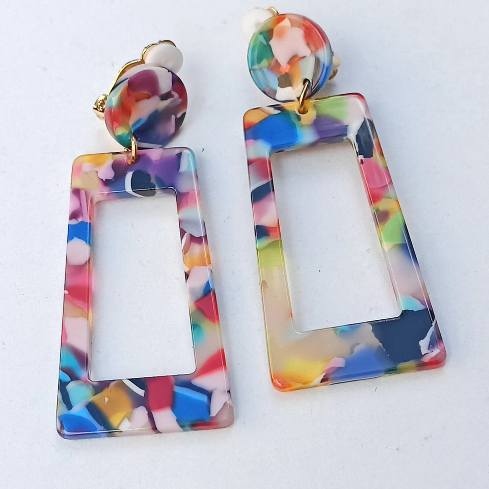 Long Clip Earrings Lightweight Geometric Retro Acrylic Pop Art Colourful Spring - Image 2 of 4