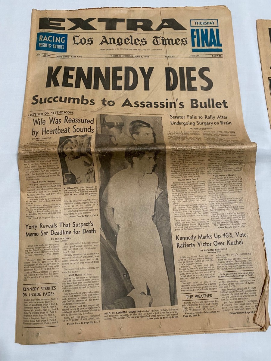 Two 1968 June 6 Los Angeles Newspaper Sections RFK IS DEAD Two 1968 June 6 Los Angeles Newspaper Sections RFK IS DEAD